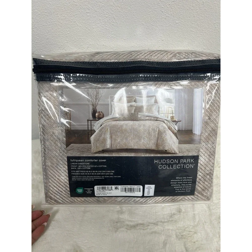 Hudson Park Linear Sandstone Full/Queen Duvet Cover + 1 Standard Sham Gold New